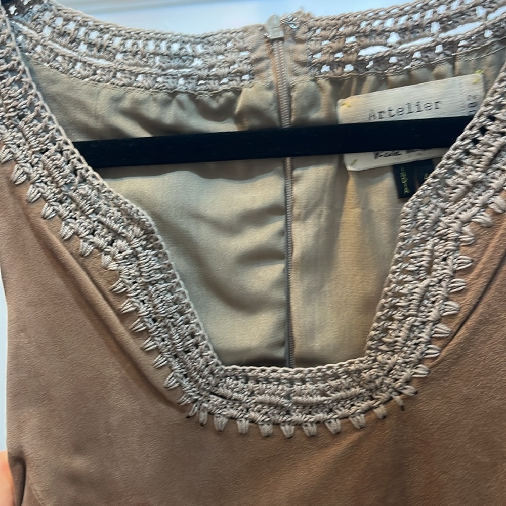 NWOT Leather Nicole Miller Artelier fawn coloured sheep suede crochet dress, sz4 - Picture 5 of 8